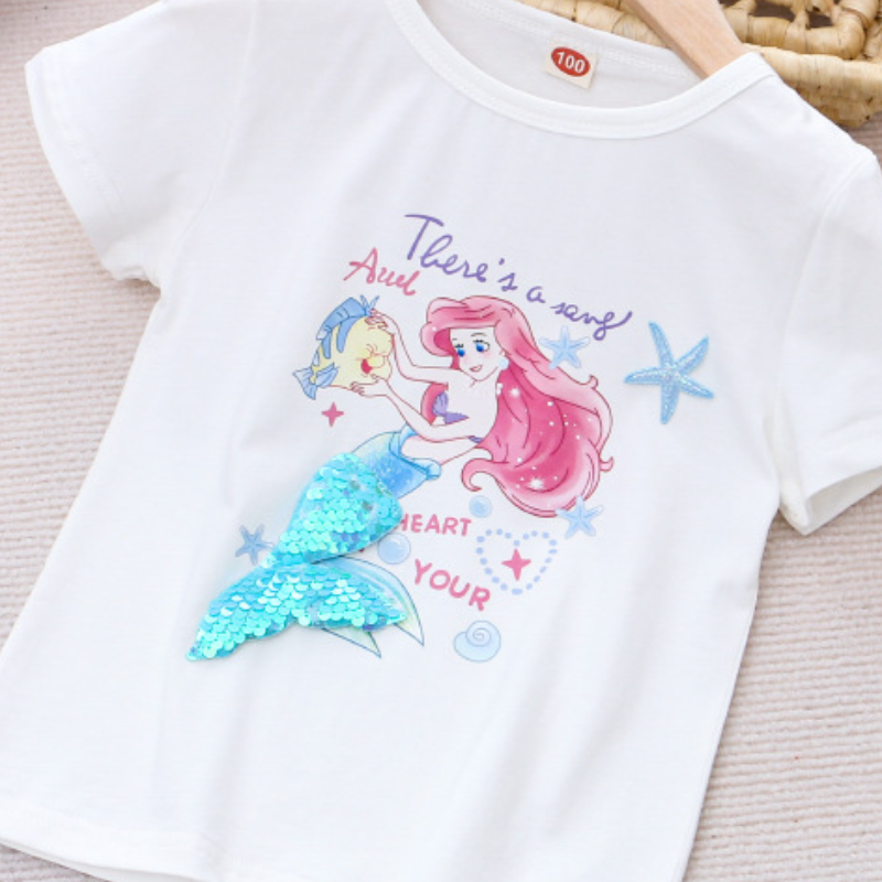 DISNEY Kids designer clothes Frozen Elsa princess cartoon printed T-shirt for baby girl summer children's clothes short-sleeved.
