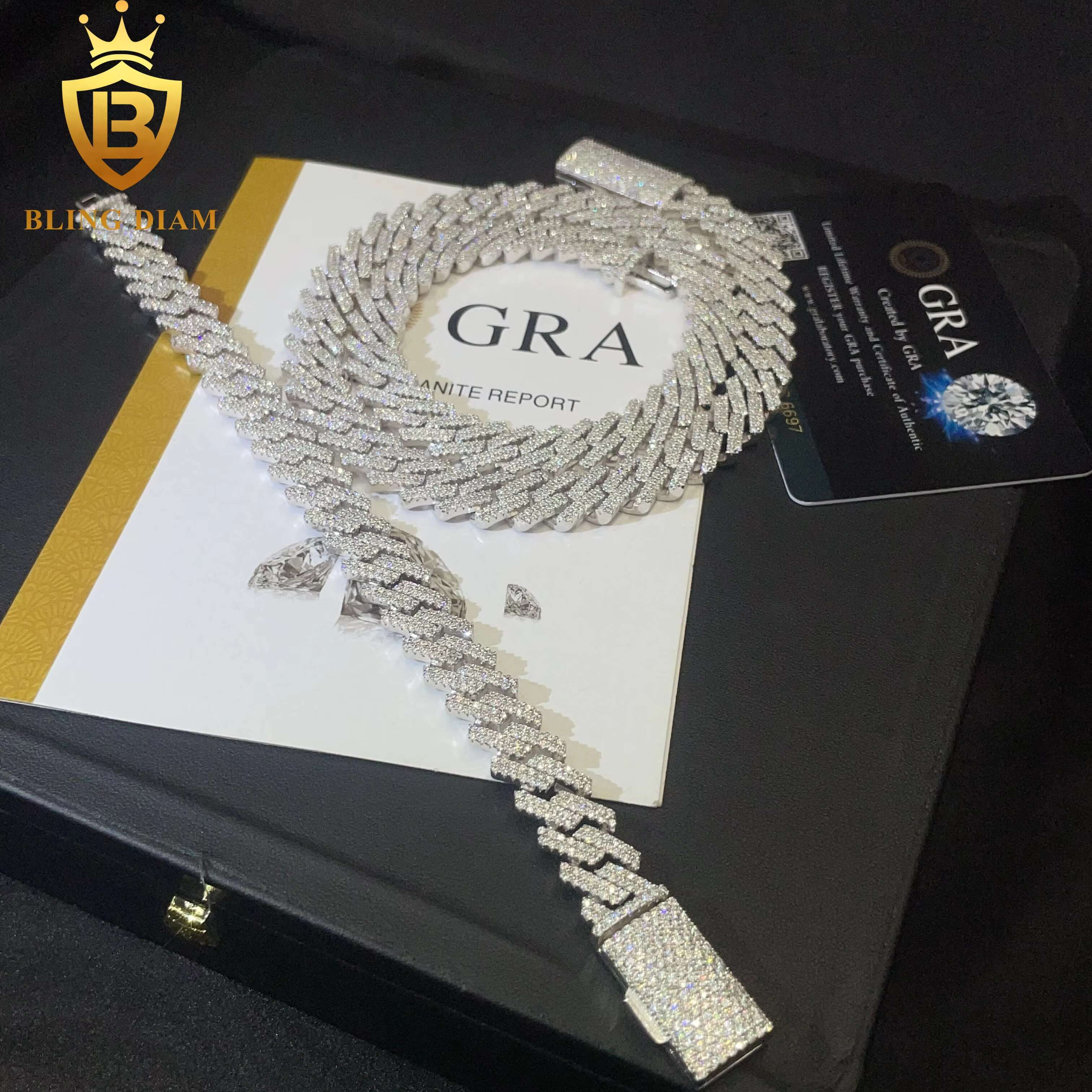 Hot Selling Pass Diamond Tester 925 Solid Silver 12mm Two Rows Iced Out Hip Hop VVS1 Moissanite Cuban Link Chain