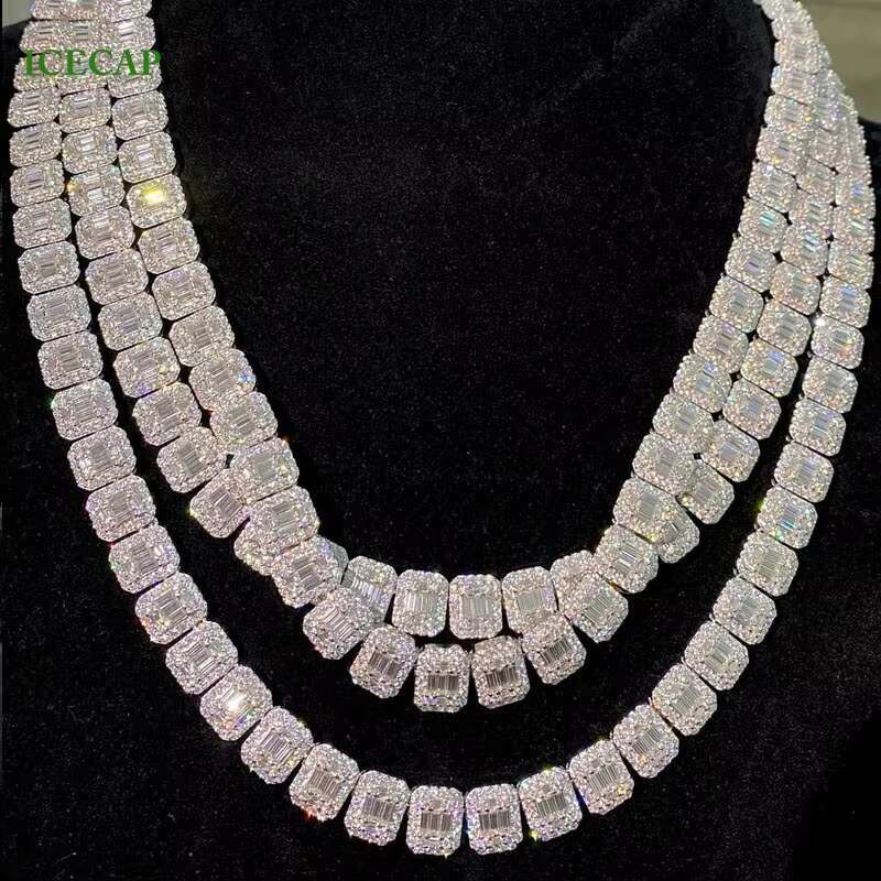 Fully Iced Out Baguette Round Cut VVS Moissanite Tennis Chain 925 Silver Diamond Necklace