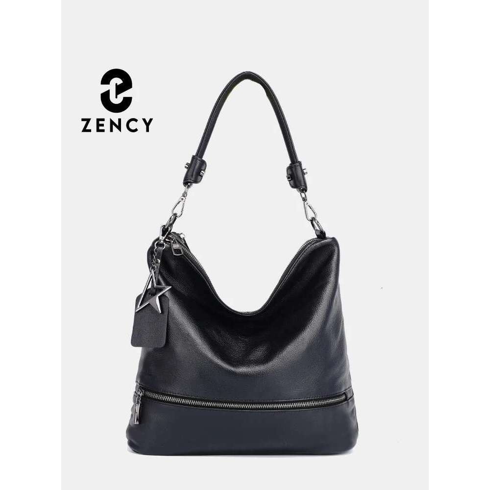 Zency Women Casual Genuine Leather Tote Handbag Shopper Ladies Black Big Shoulder Bags Crossbody Multi Pocket With Long Strap Bag Bag