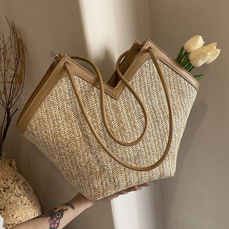 Ins Style Resort Beach Bag Straw For Women Large Capacity New Summer Single Shoulder Commuting Tote Bag Woven Vacation Beach Bag KQ