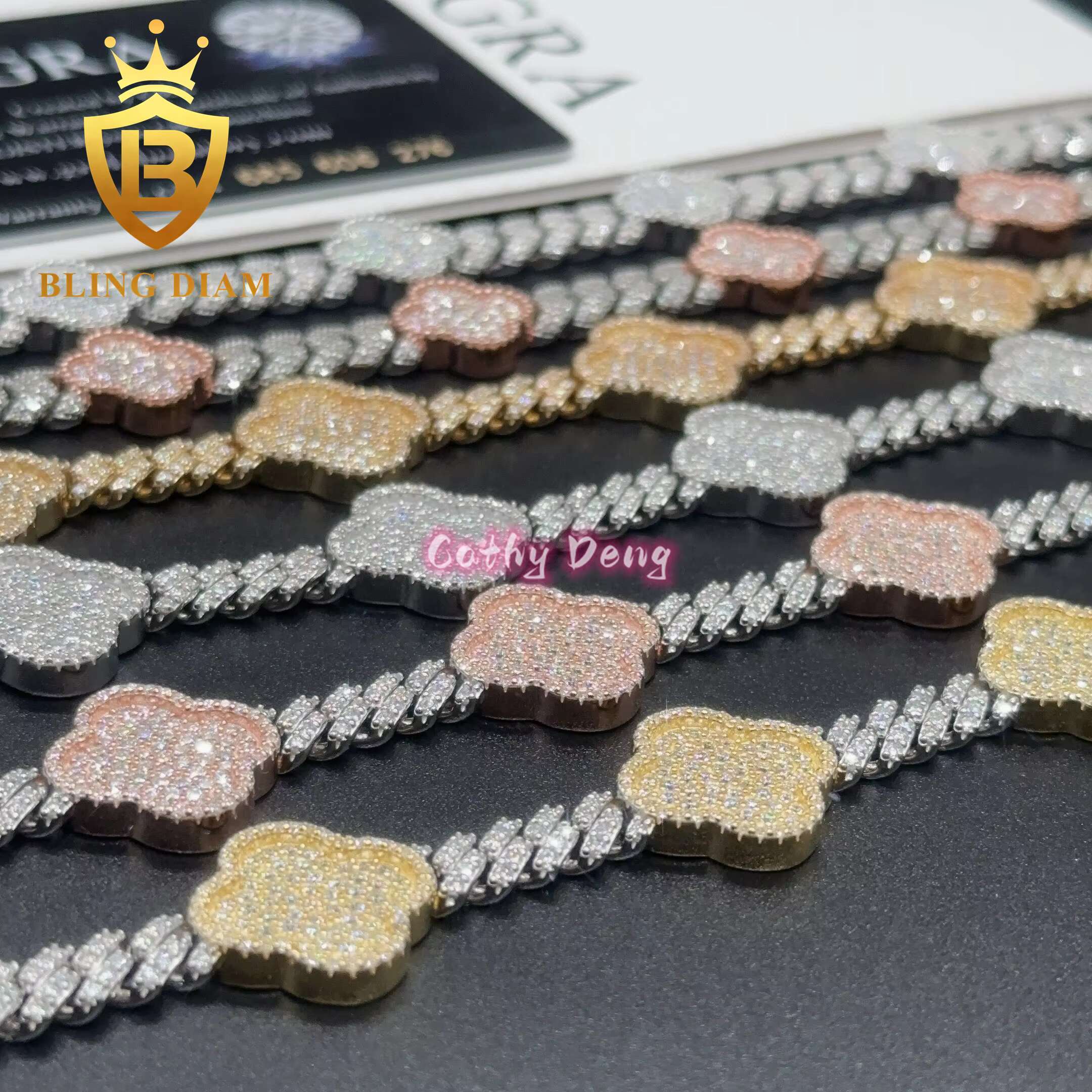 Hip Hop Jewelry Bling Cuban Link Chain VVS 925 Silver Moissanite Cuban Link Chain for Men Women Flower Cuban Bracelet