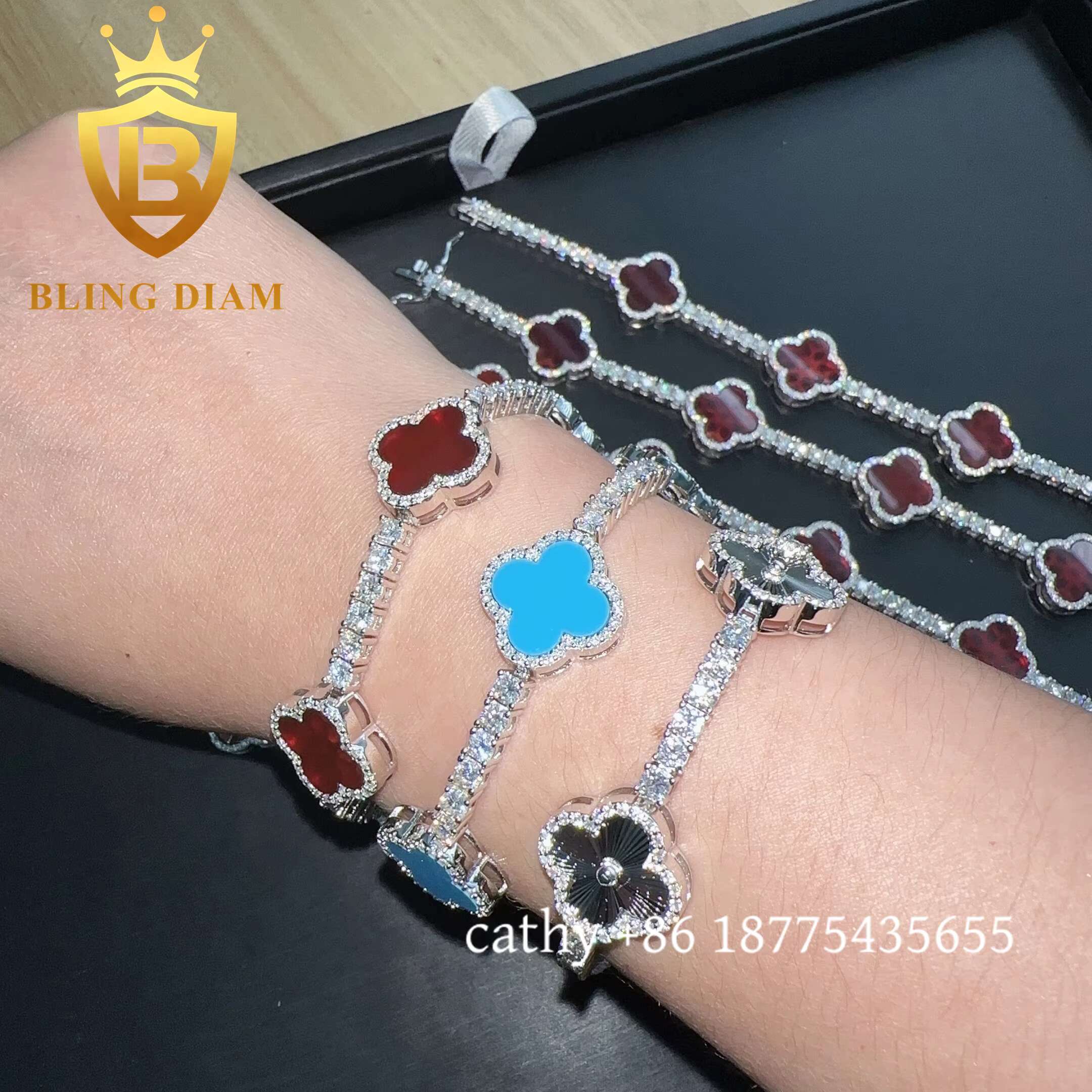 Hot Selling Four Clover Moissanite Tennis Bracelet 925 Sterling Silver Agate 3mm Moissanite Bracelet Pass Diamond test