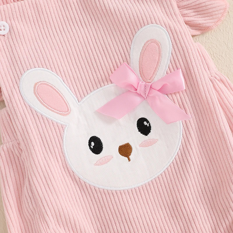Baby Girls Rompers Easter Clothes Rabbit Embroidery Fly Sleeve Infant Bodysuits Jumpsuits with Headband 250422bj