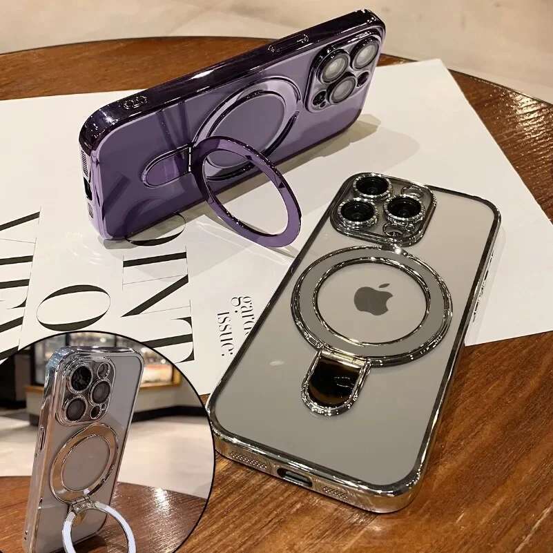 Transparent Plating Case iPhone 16 Plus 14 13 12 11 15 Pro Max For Magsafe Magnetic Ring Stand Phone Cover 07