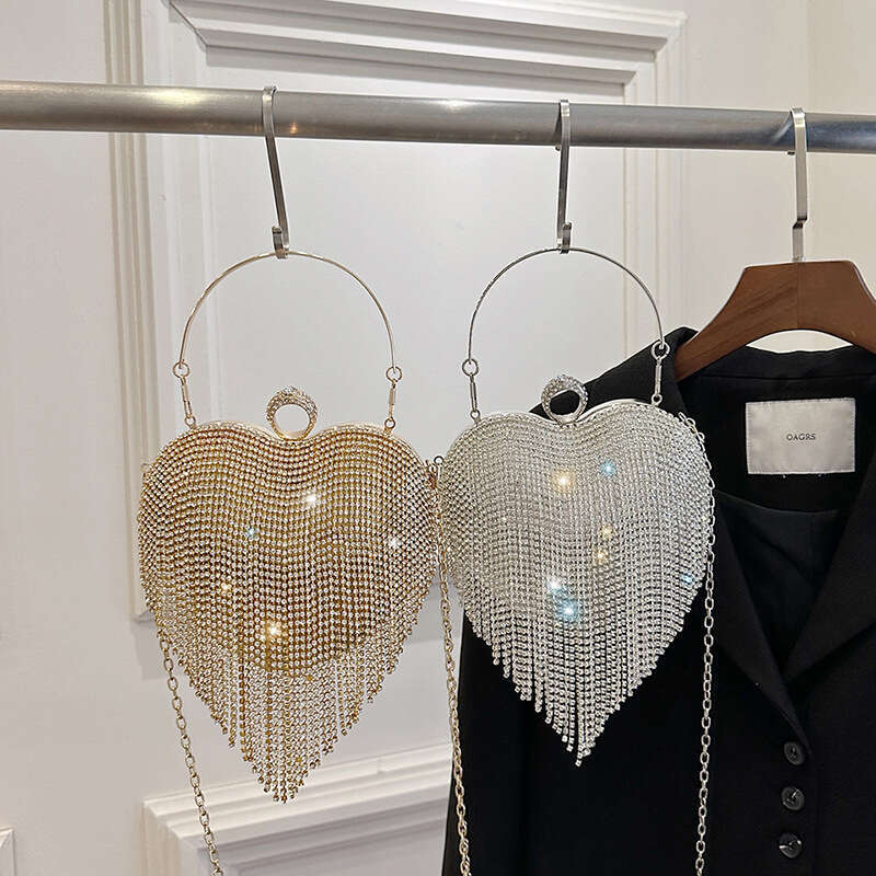 Diamond Studded Dinner Bag, Heart-Shaped Tassel Women's Party Handbag, Versatile Dress And Evening Outfit Bag