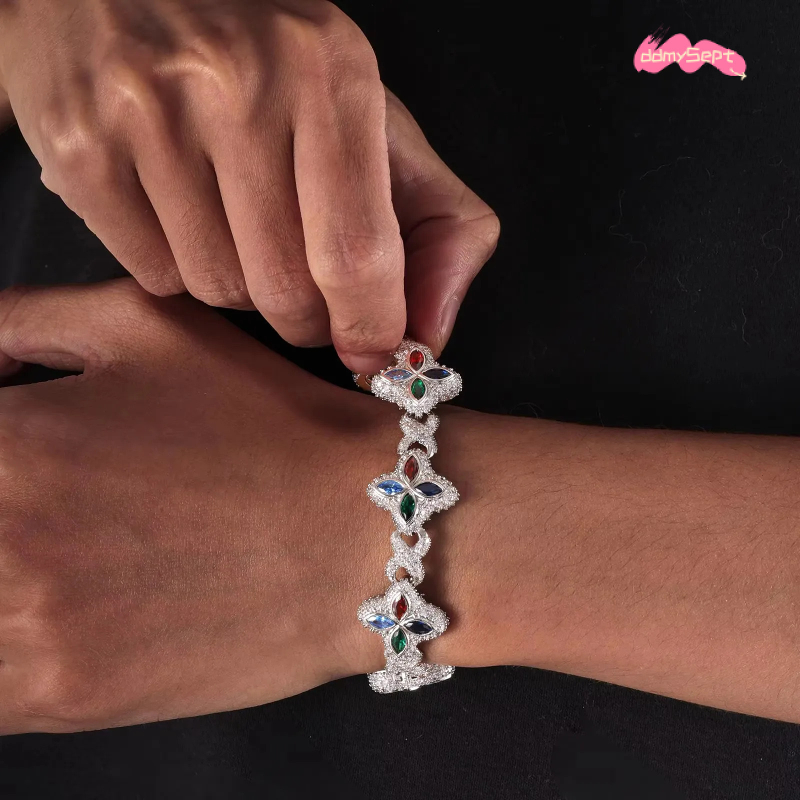 New Arrival Hip Hop Pink White ColorfulClover Bracelet Necklace Iced Out Flower A necklace Cuban Chain for Men ddmysept