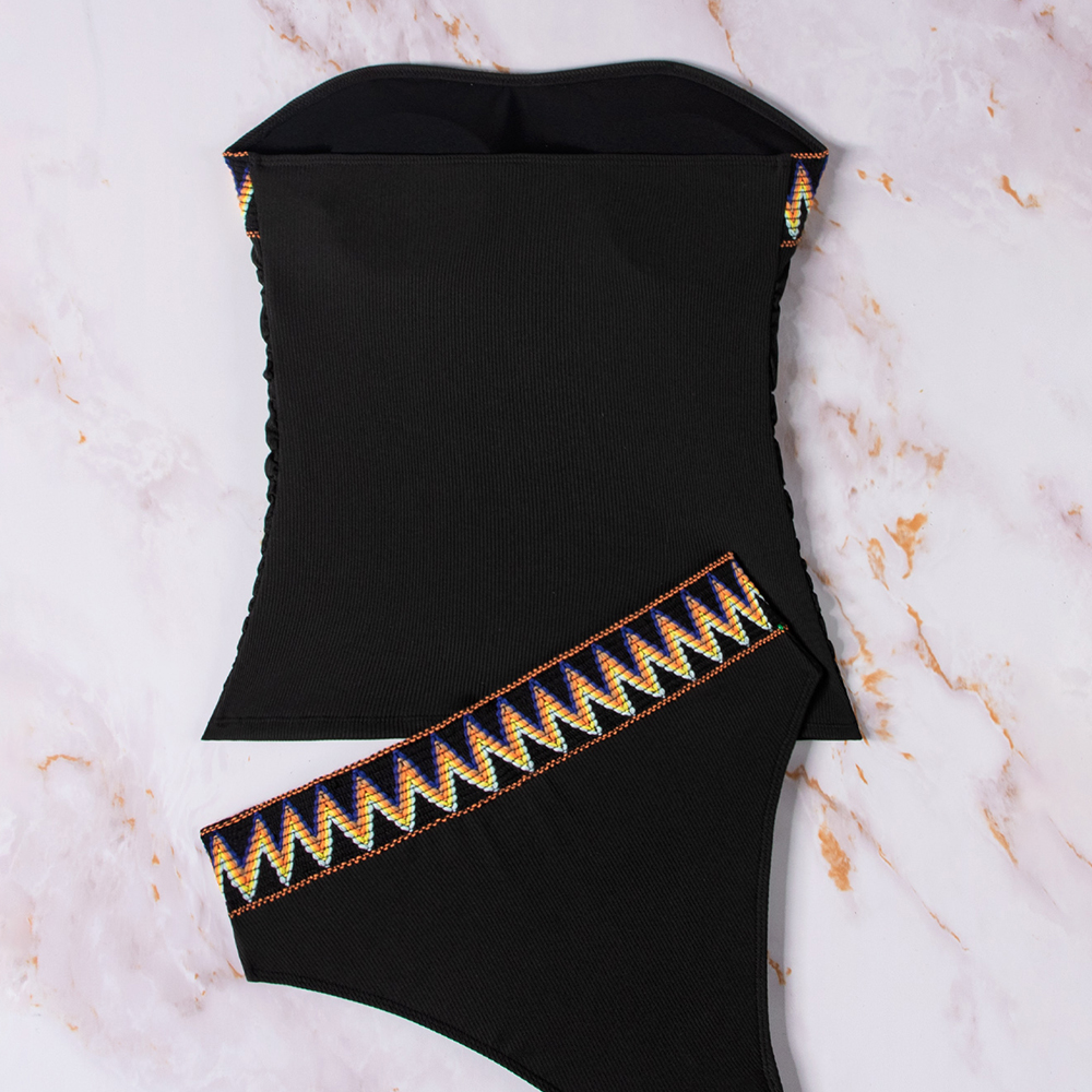 Ribbed Material Strapless Geometric Print Mesh Embellished High Waist Ruched Design Black Soft Cups Padded Tankini Set