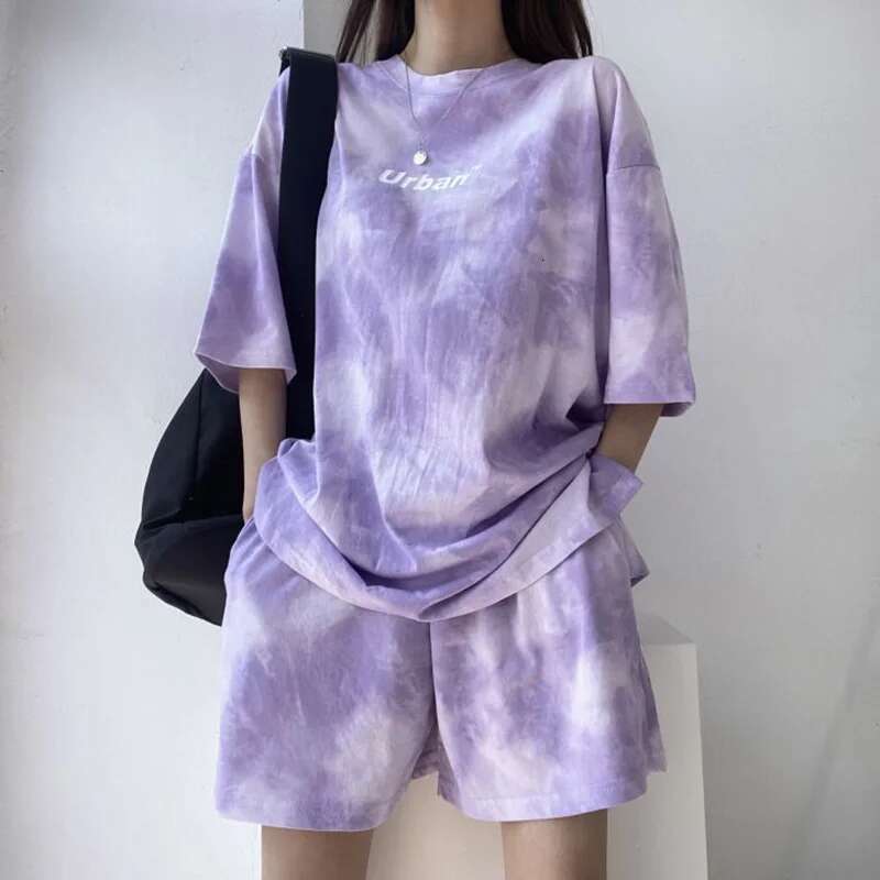 Women T-Shirt Suit Set Casual Tie Dye Loose Tshirt And Wide Leg Middle Shorts With Pockets Female Soft Summer Shorts Sets