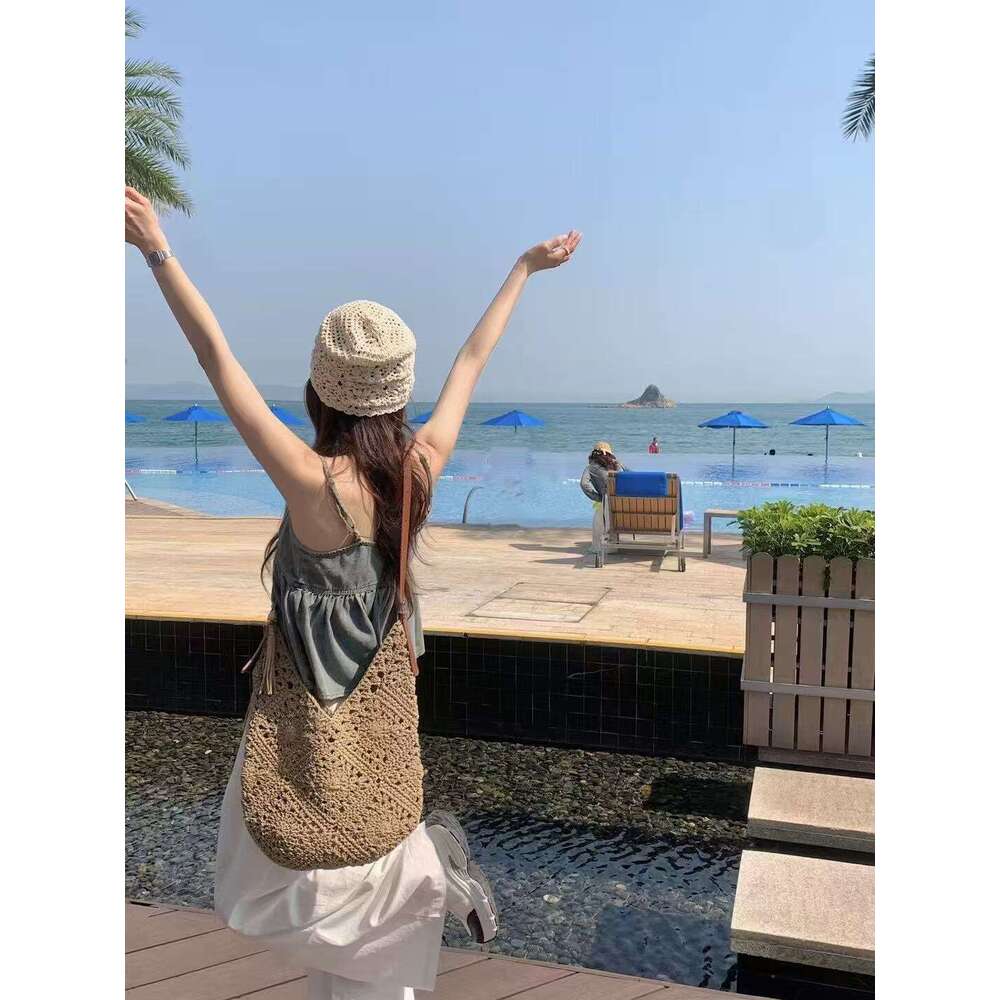 Ins Style Resort Beach Bag Summer New Wax Rope Woven Large Capacity Water Bucket Seaside Vacation Tote Bag Lazy Style Fashionable Big Bag KQ