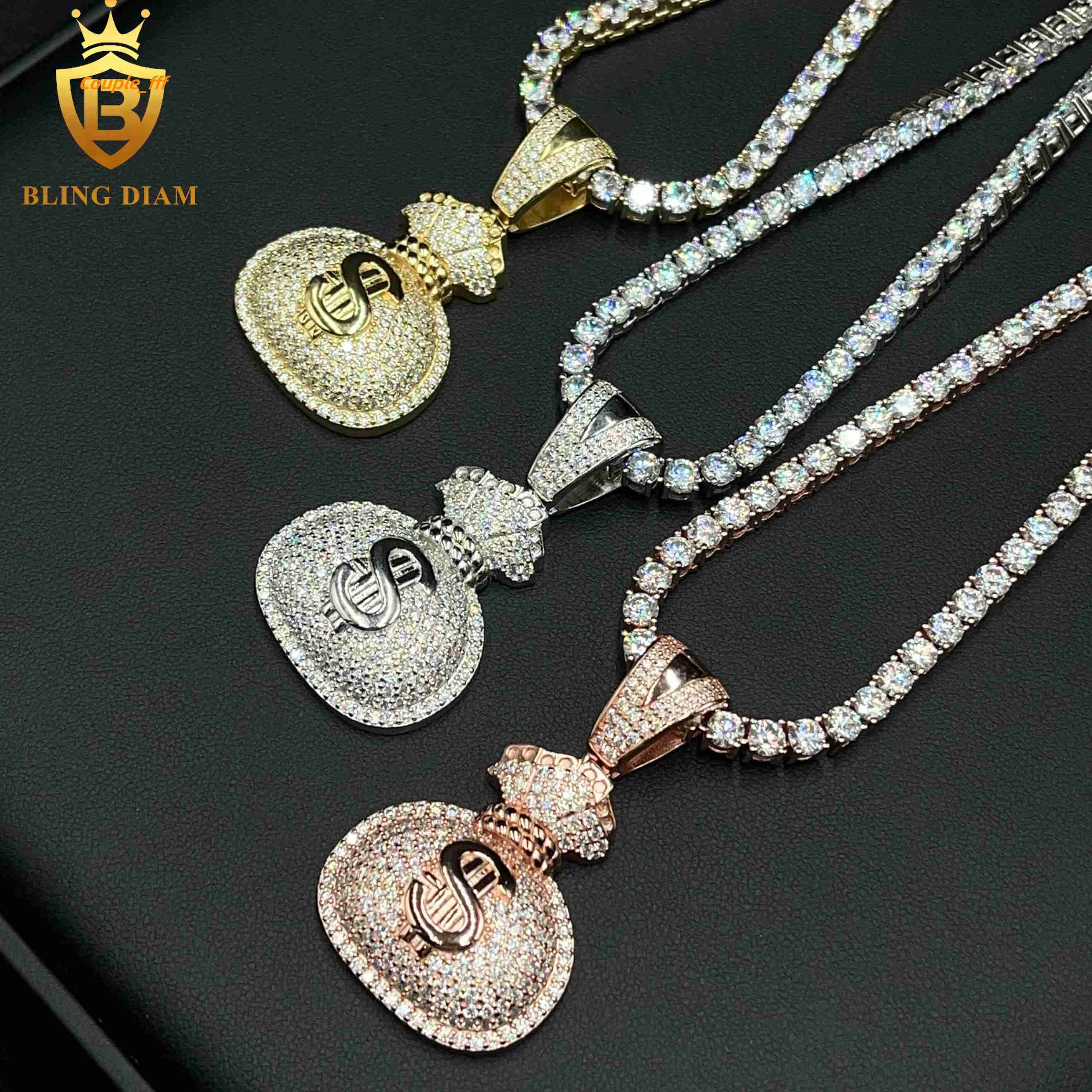 New Fashion Hip Hop Jewelry 925 Sterling Silver VVS Moissanite US Dollar Money Bag Charm Custom Pendants