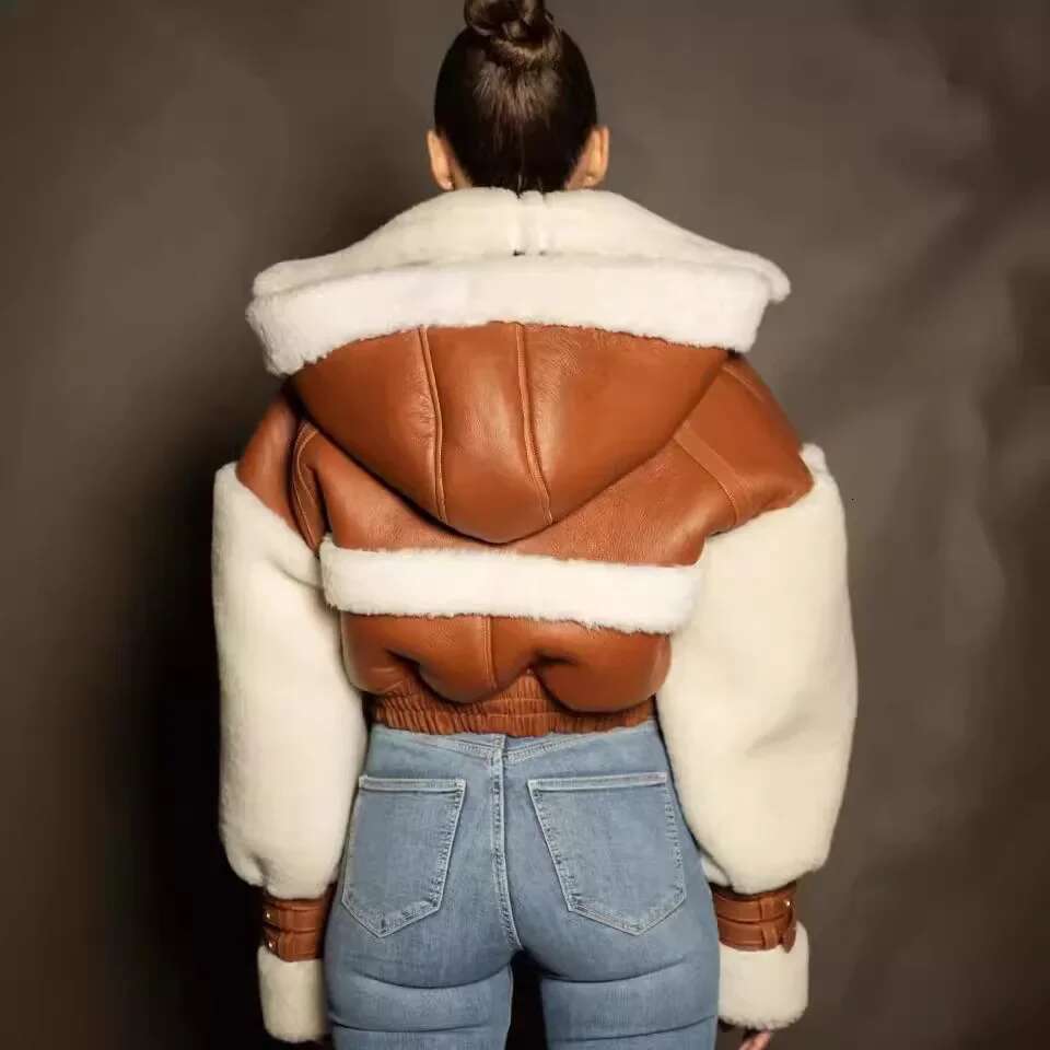 Lamb Wool Cropped Women's Winter American Style Vintage Color Blocking Hooded Motorcycle Jacket Top Thickened For Warmth