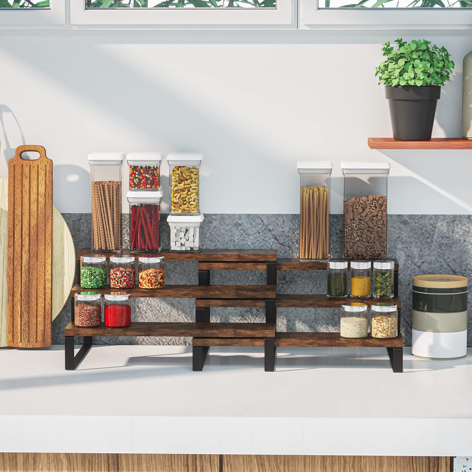 2 Pack 3 Tier Expandable Spice Rack Organizer Display Riser Stand, Kitchen Cabinet Countertop Display Shelf for Spice, Liquor, Perfume, Figure, Makeup