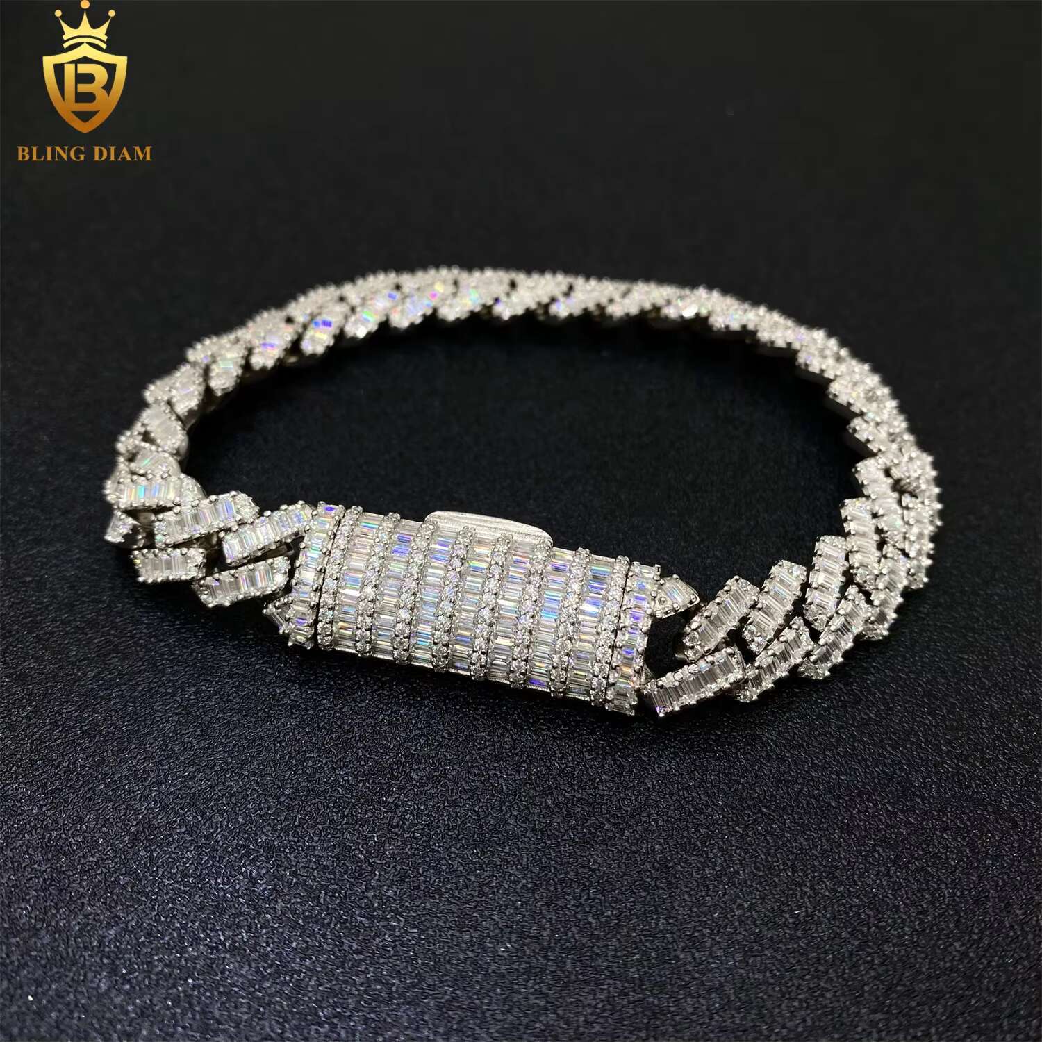 12mm Hip Hop Jewelry Sterling Sier Iced Out Moissanite Rectangular Bracelet Cuban Link Chain Pass Dia Tester