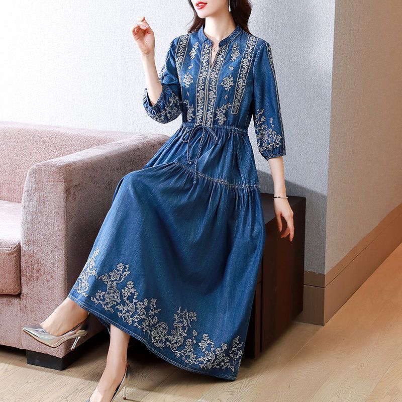 2025 plus size women's spring new retro vintage denim collar v neck temperament long dress D02291