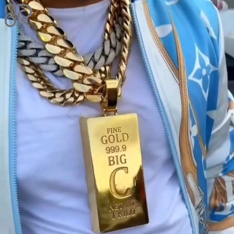Pure Sier 10K 14K 1000 Gold Bar Charm Heavy 999 Pendant Necklace Set for Men