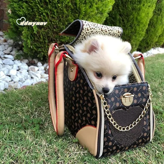 Luxury Leather Pet Carrier: Stylish Dog & Cat Travel Bag Waterproof Handbag with Breathable Mesh for Small Dogs, Puppies, Cats - 13 in ddmynov