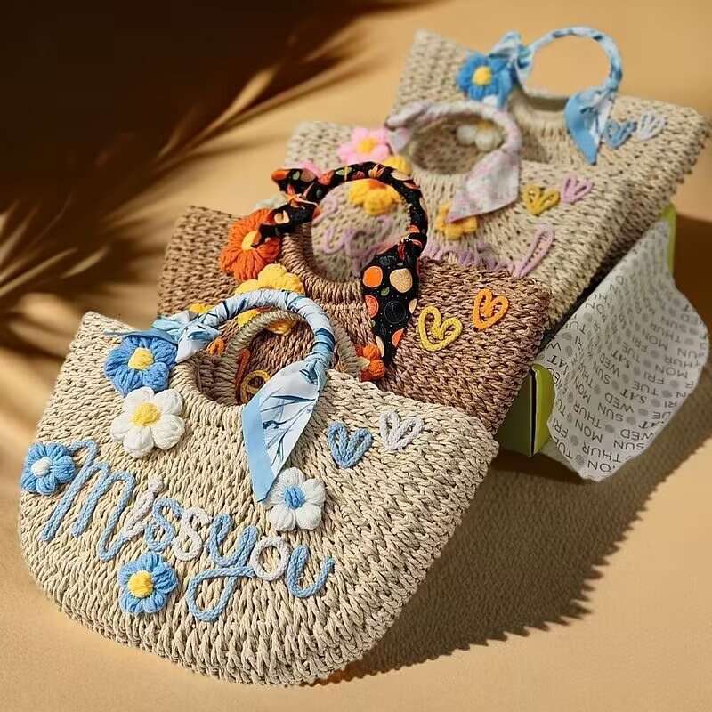 Ins Style Resort Beach Bag Letters Can Be Ordered For New Handbag Summer Seaside Vacation Straw Bag Niche Woven Handbag KQ