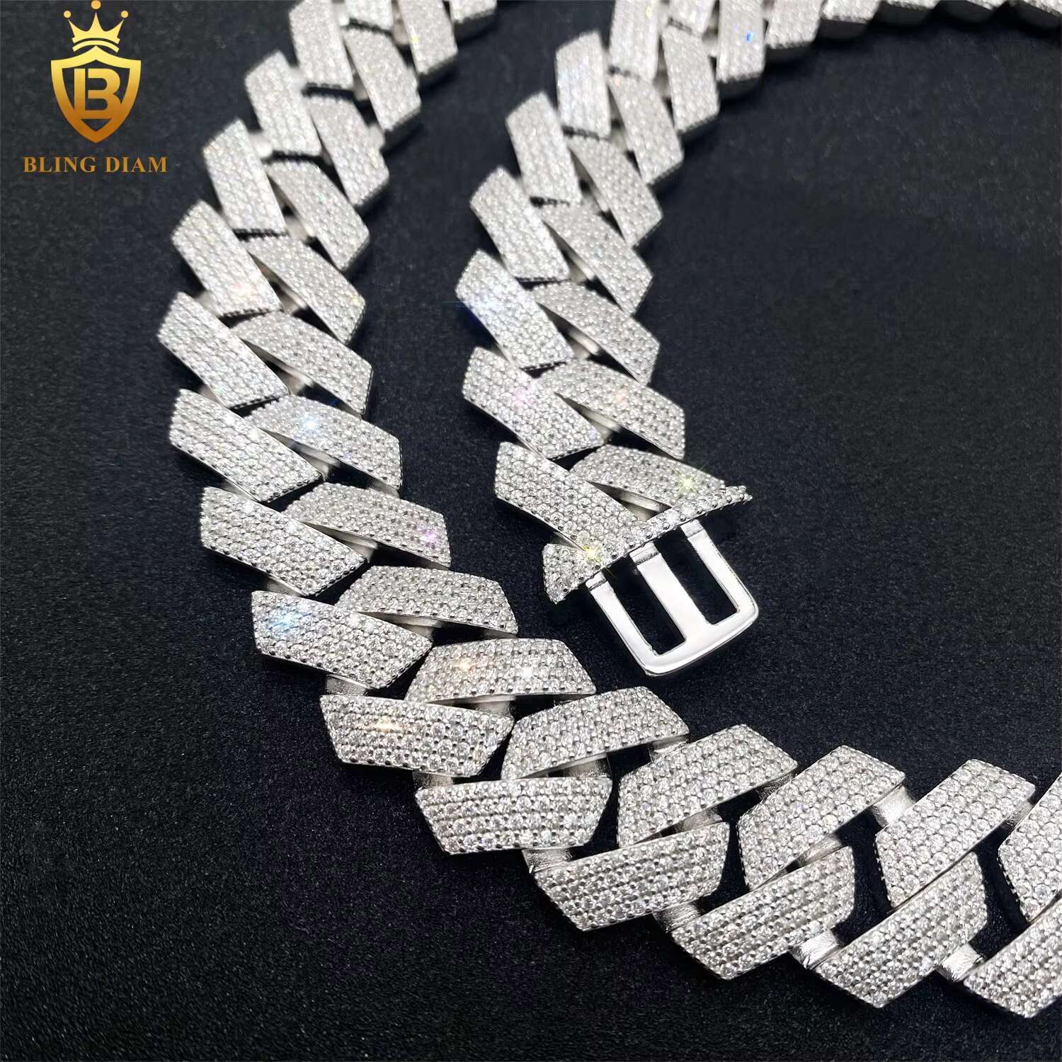 New Design 20MM Moissanite Cuban Chain Necklace High Quality Round Brilliant Cut Dia Sier