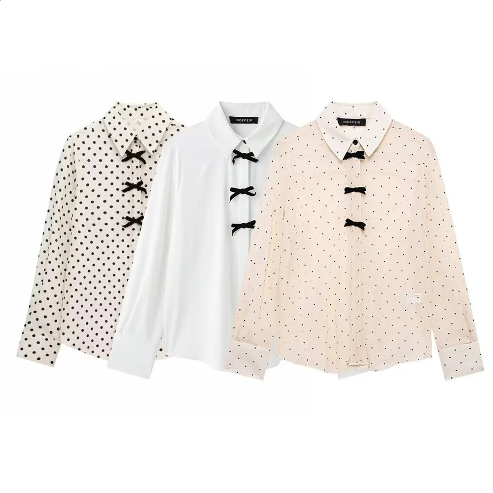 TRAF 2025 Womens Blouses in White Black and Beige Colors with Polka Dot Patterns Black Bow Details Long Sleeves and Collars 250421