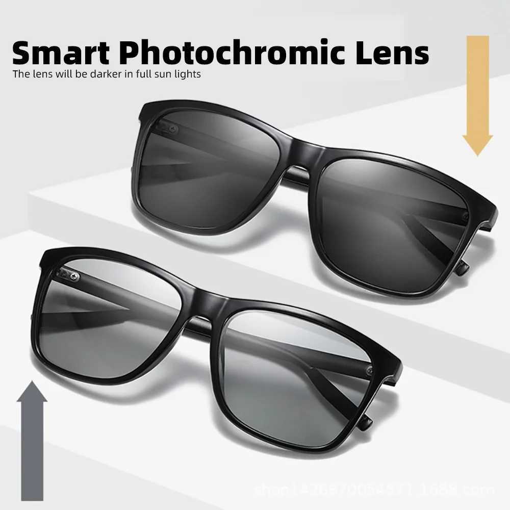 VIVIBEE Color Change Gray Frame Optoelectronic Polarization Sunglasses Mens Square Classic Color Change Glasses Transition Lens Glasses Z250422