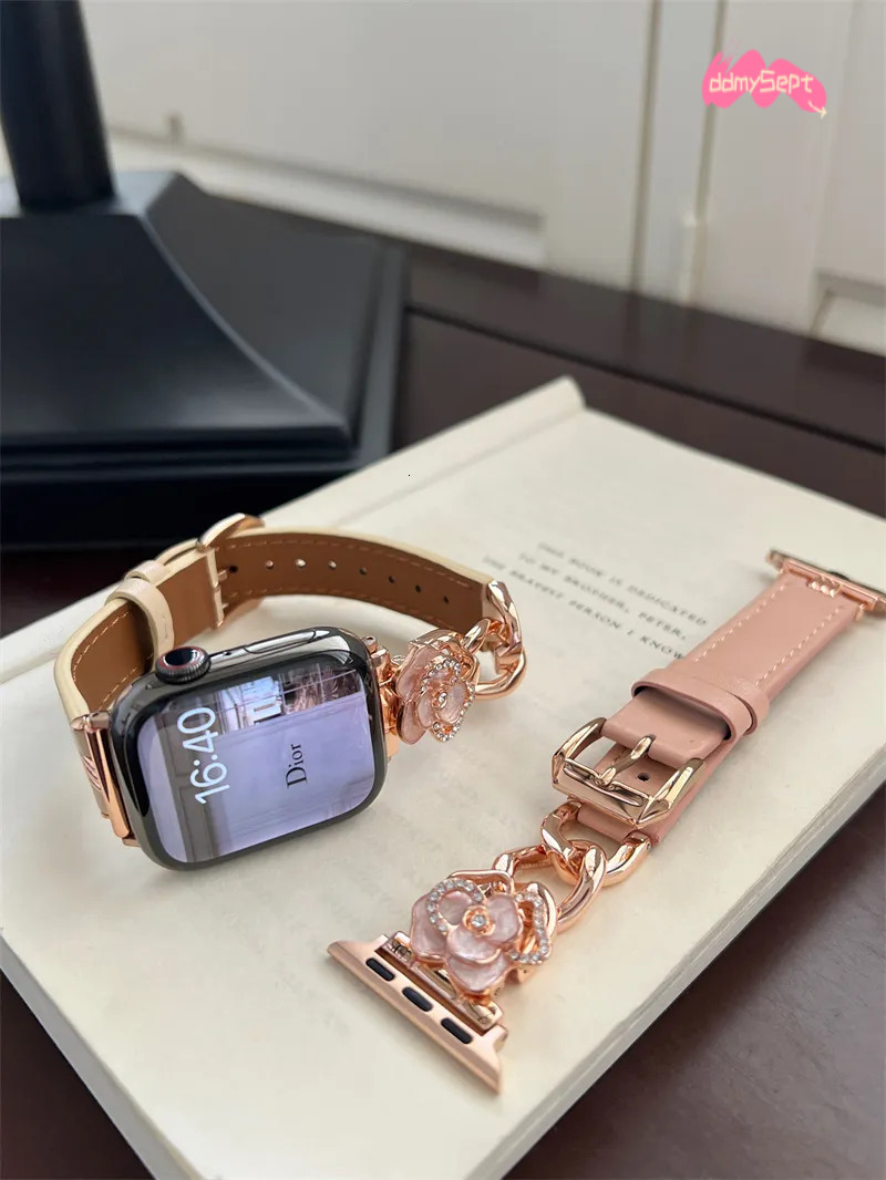 Elegant Leather Apple Watch Band with Camellia Flower Design - Fashionable Straps for iWatch Series ddmysept