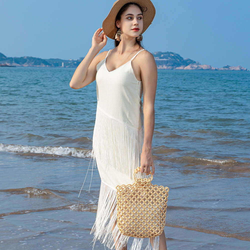 Ins Style Resort Beach Bag OLEI Large Capacity Handbag Beach Travel Wooden Bead Vacation Woven Bag For Women KQ