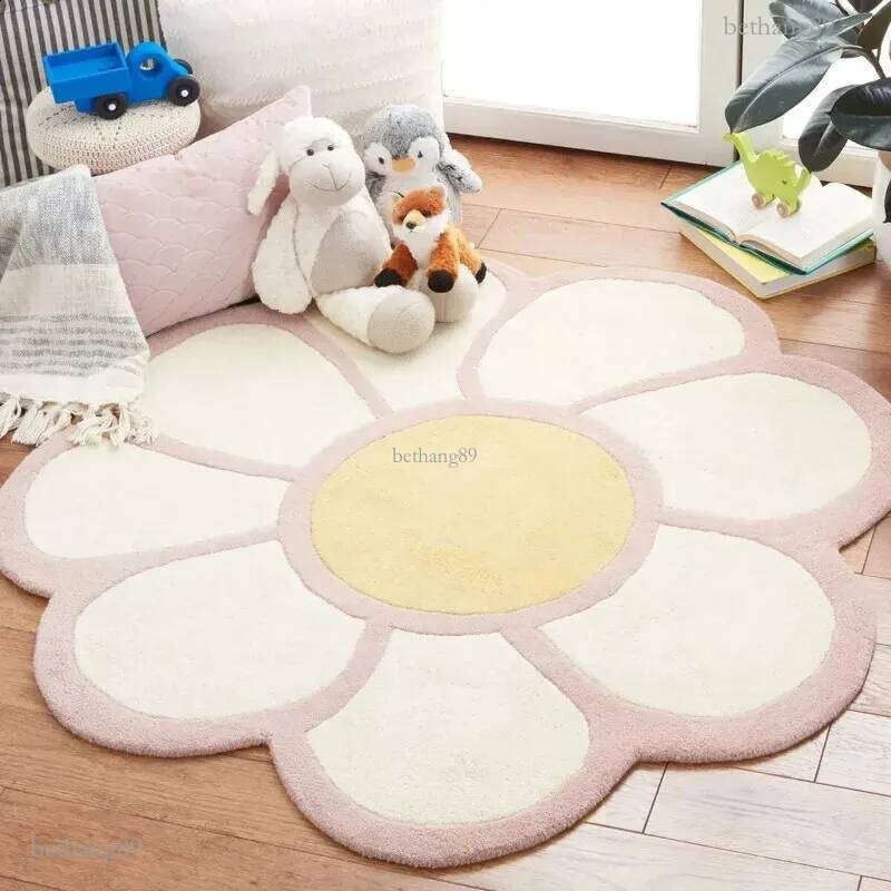 Round Flower Fluffy Carpet Bedside Plush Rug Cushion Girl Bedroom Childrens Room Floor Mat Non-slip Baby Play Mat 240723