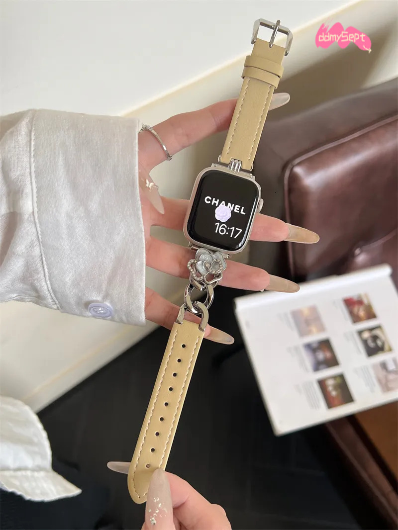 Elegant Leather Apple Watch Band with Camellia Flower Design - Fashionable Straps for iWatch Series ddmysept
