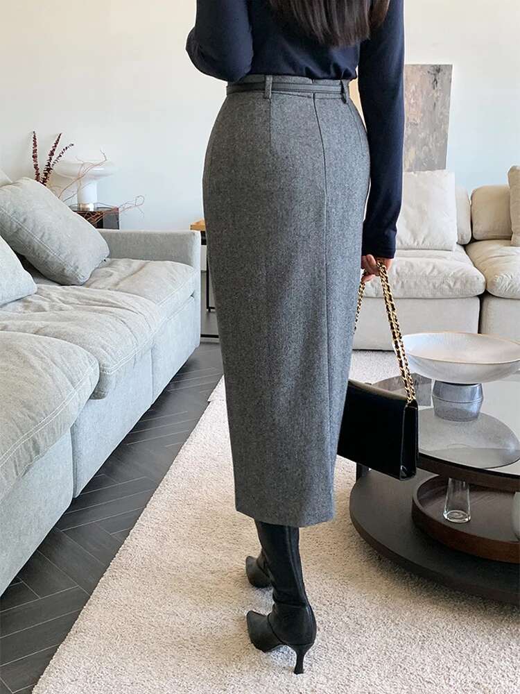 Elegant Women Striped Faux Wool Pencil Skirts Belted Autumn Winter Office Ladies Casual A-Line High Waist Midi Skirt L901a