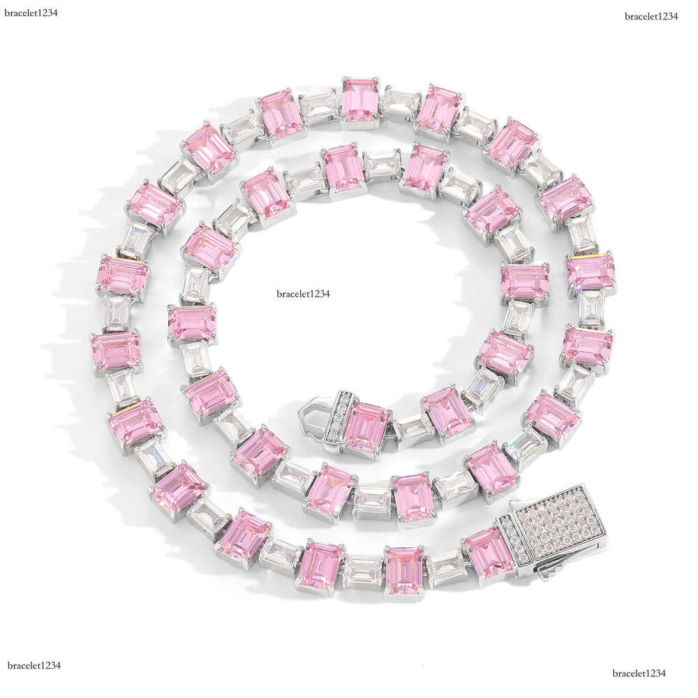 Luxury designer Pink square ice out VVS Moissanite tennis collarbone chain, hip hop necklace bracelet for men and women Free delivery