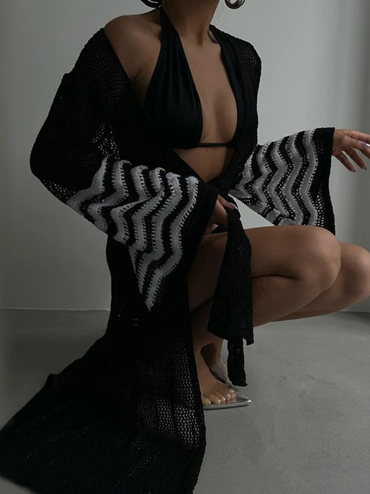 OIINAA Knitted Bikini Top Womens Beach Lace Splicing Summer Long Sleeve 2025 Fashion Vacation Wear 250415Z