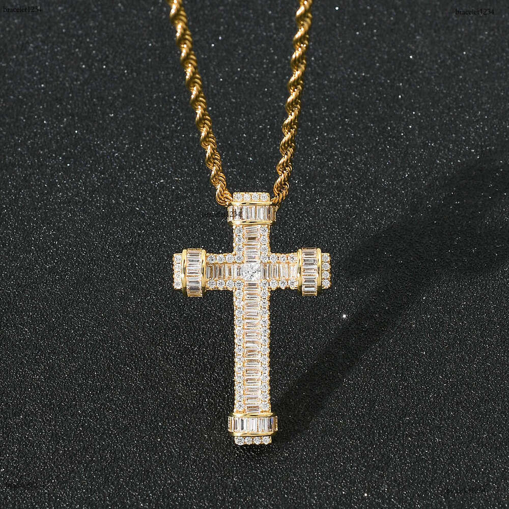Luxury Designer Ha Cross Necklace Pendant Sterling Silver Gold Plated Micro Inset T Square Ice out VVS Moissanite Hip Hop Cross Pendant Free shipping