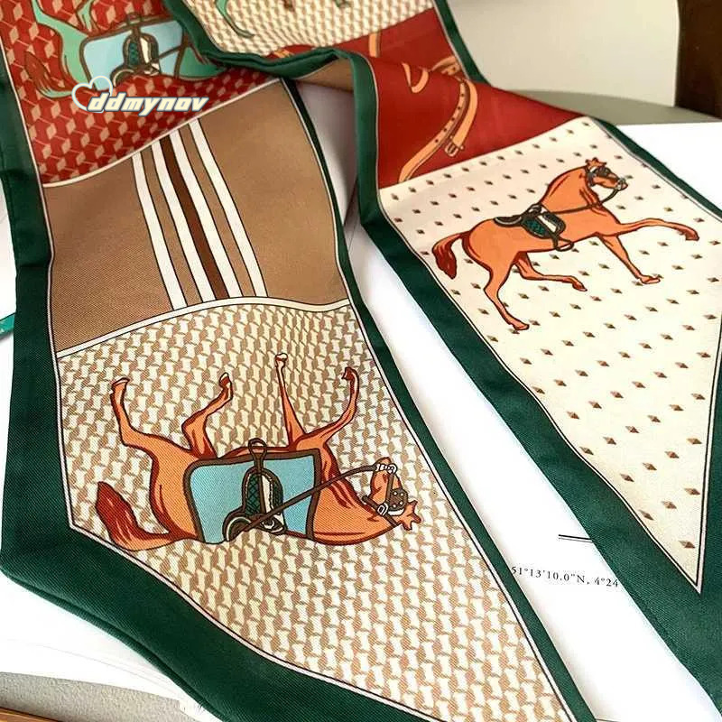 Designer Long Silk Bag Tie Neck Skinny Scarf Haiand Foard Horse Print Brand Lady Neckerchi Ribbon 2025 Spring New G250904 ddmynov