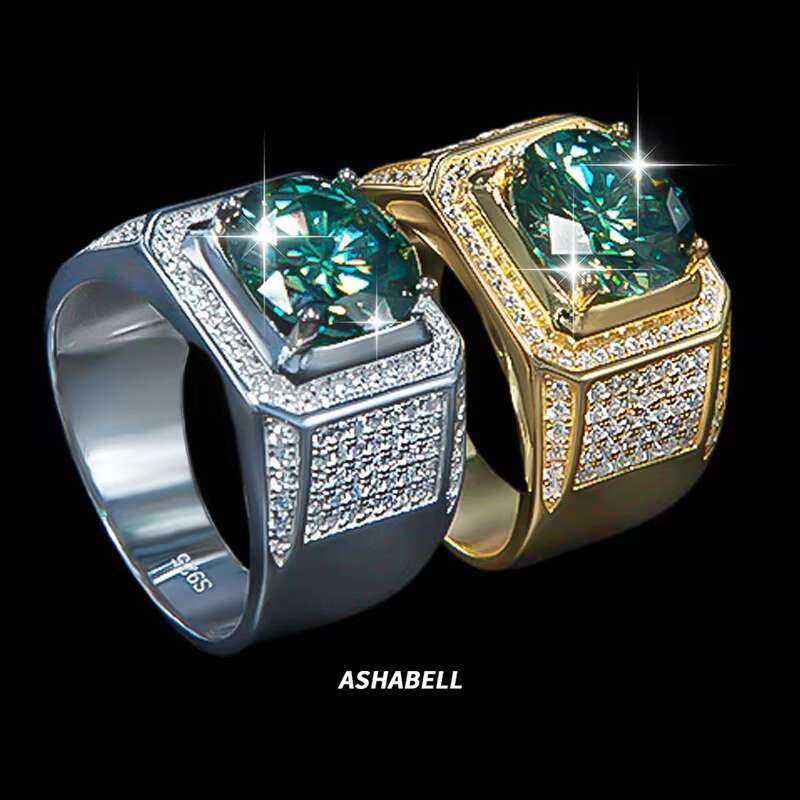 Moissanite Men Ring Fine Jewelry Green Full Diamond S925 Silver Luxury White Romantic Gold Plated