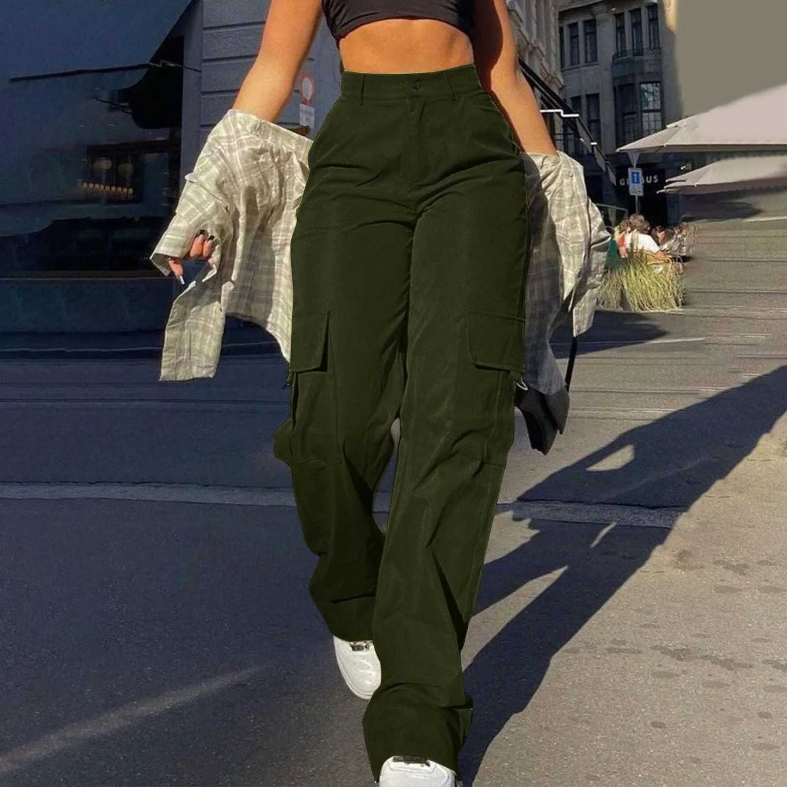 Womens loose cargo pants high waist and wide legs solid color full length with pockets casual four season pantsC250422