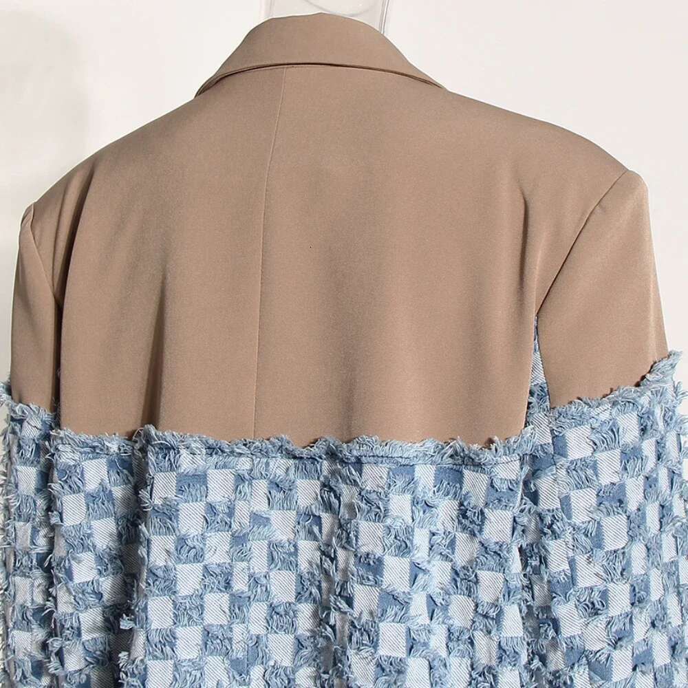 CHICEVER Colorblock Washed Spliced Raw Edge Blazer For Women Notched Collar Long Sleeve Fashion Designer Coat With Pocket Female