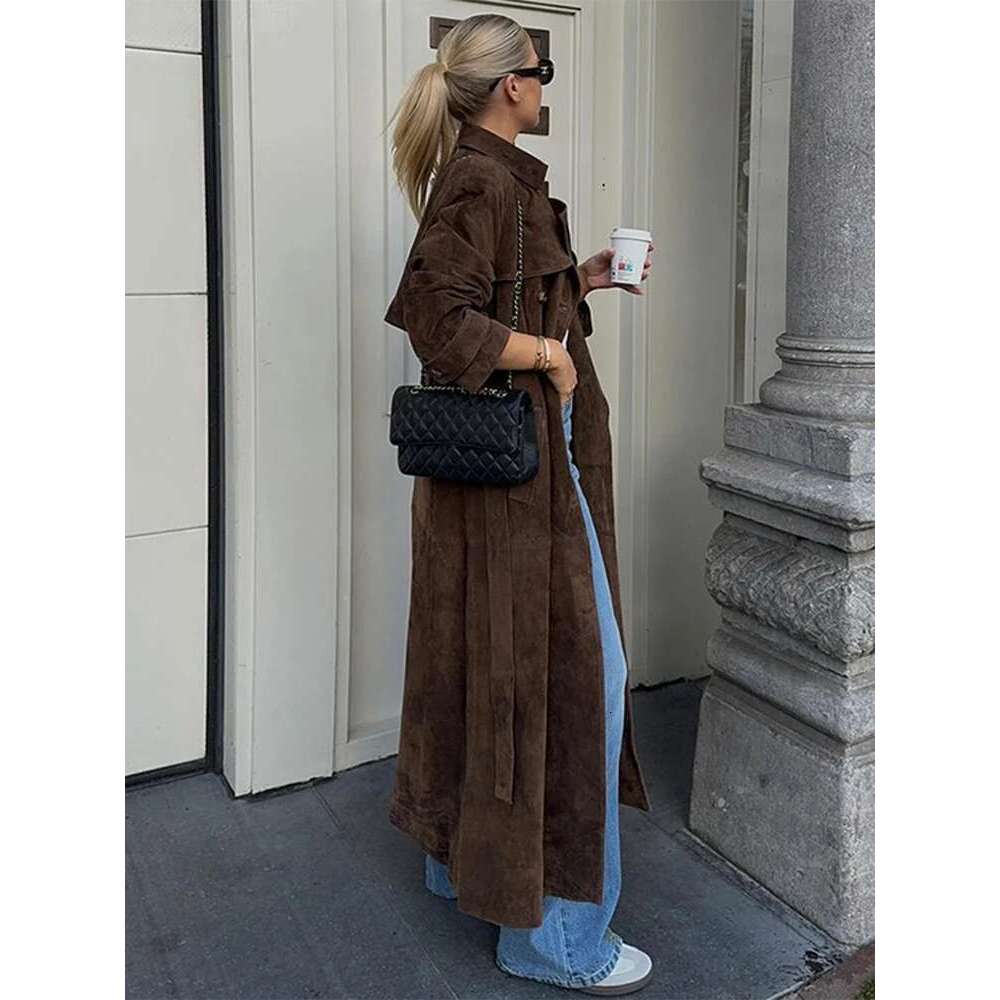 Designer Clothes Vintage Suede Long Women's Jacket Casual Lapel Single Breasted Lace Up Coats Jackets Autumn Fashion Women Coat Retro Outerwear