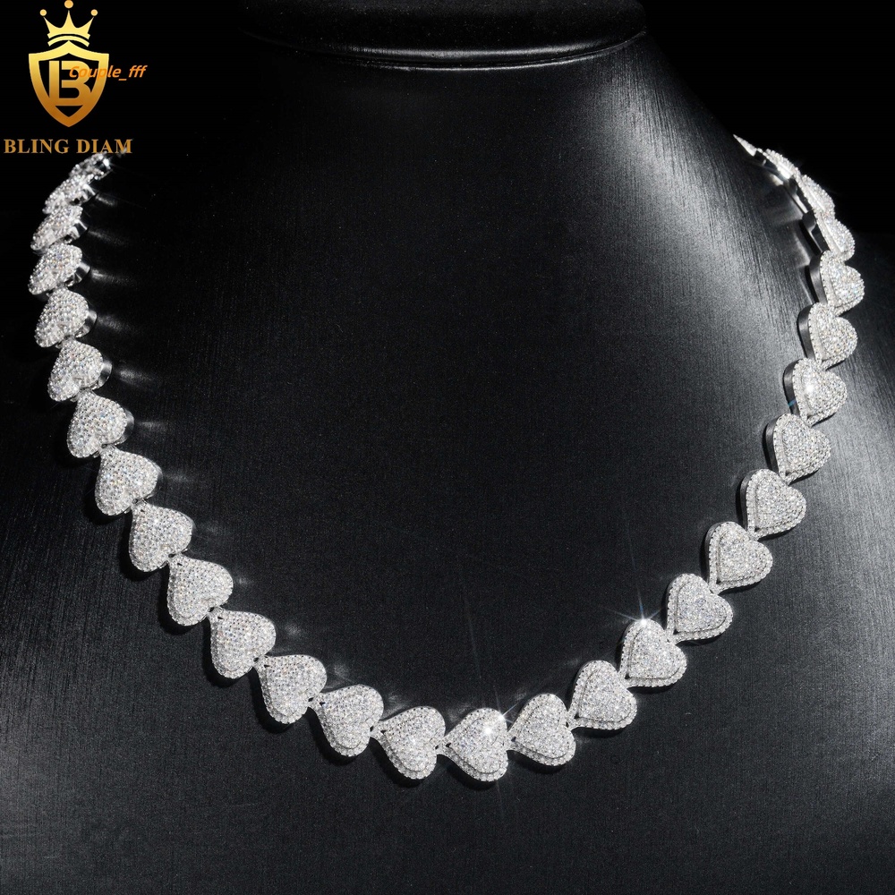 13mm New Fashion Jewelry Heart Shape 925 Silver Cuban Link Chain Cuban Moissanite Diamond Bracelet Necklace