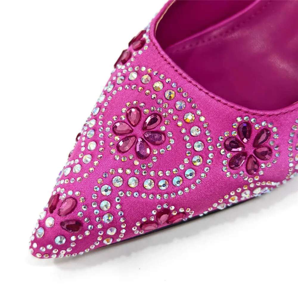 Elegant Sexy Fuchsia Color High Heels And Bag With Rhinestone Embellished Toe Is Comfortable Women's Shoes For Party