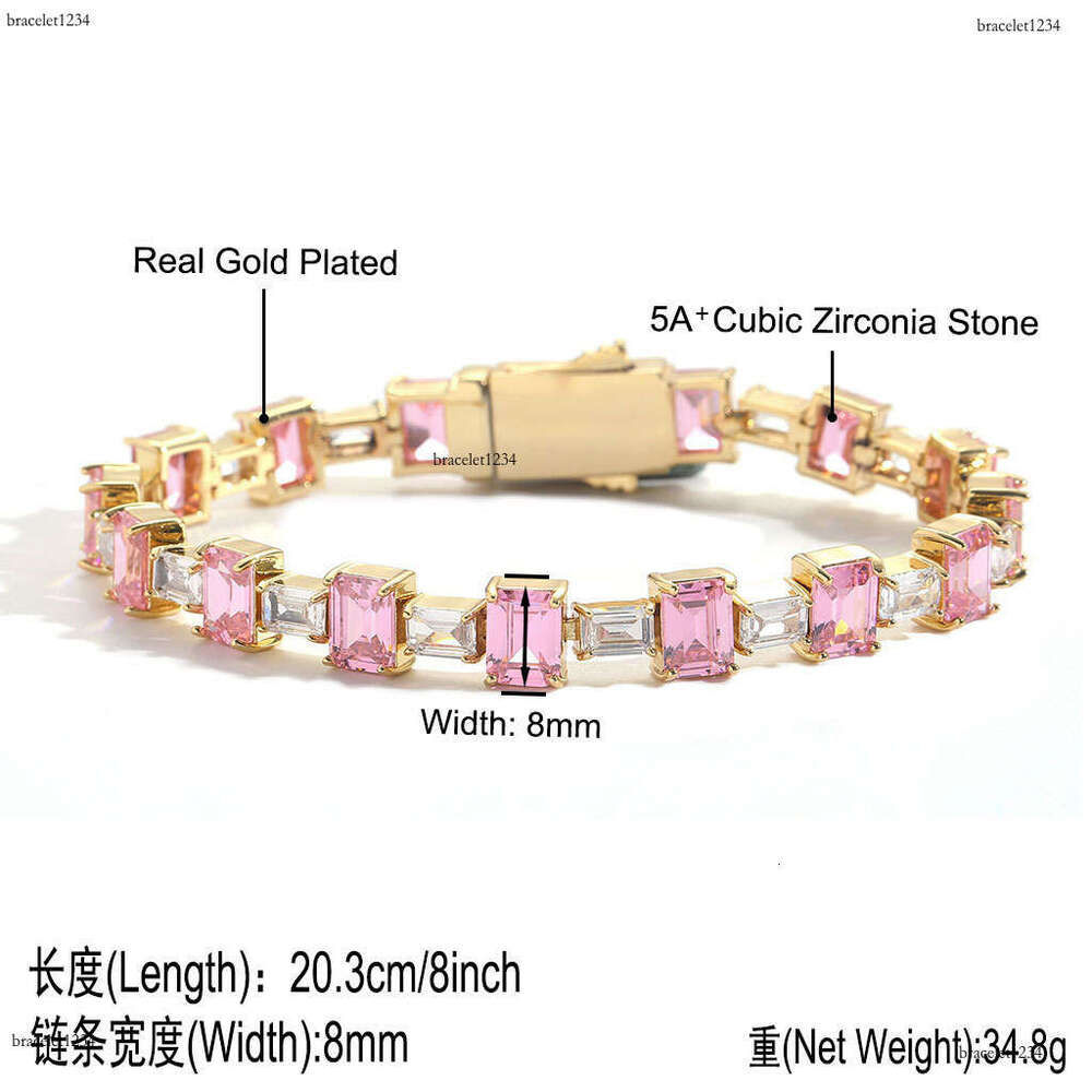 Luxury designer Pink square ice out VVS Moissanite tennis collarbone chain, hip hop necklace bracelet for men and women Free delivery
