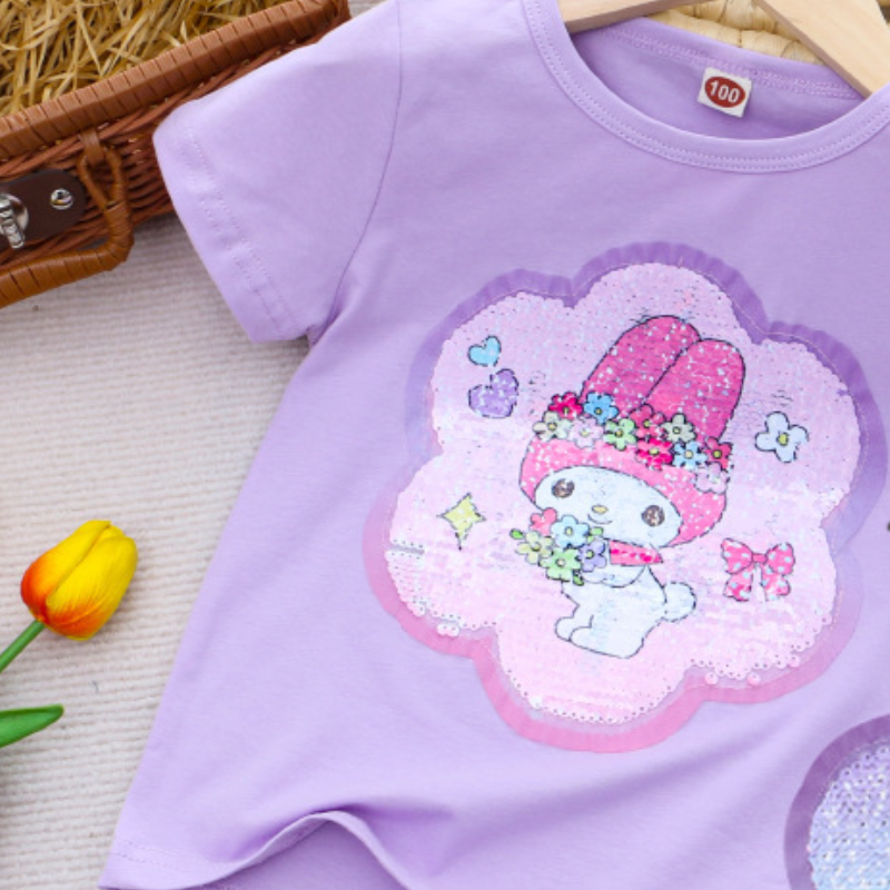 DISNEY Kids designer clothes children's summer clothes women's short-sleeved T-shirt cartoon color-changing sequin cotton base casual top.