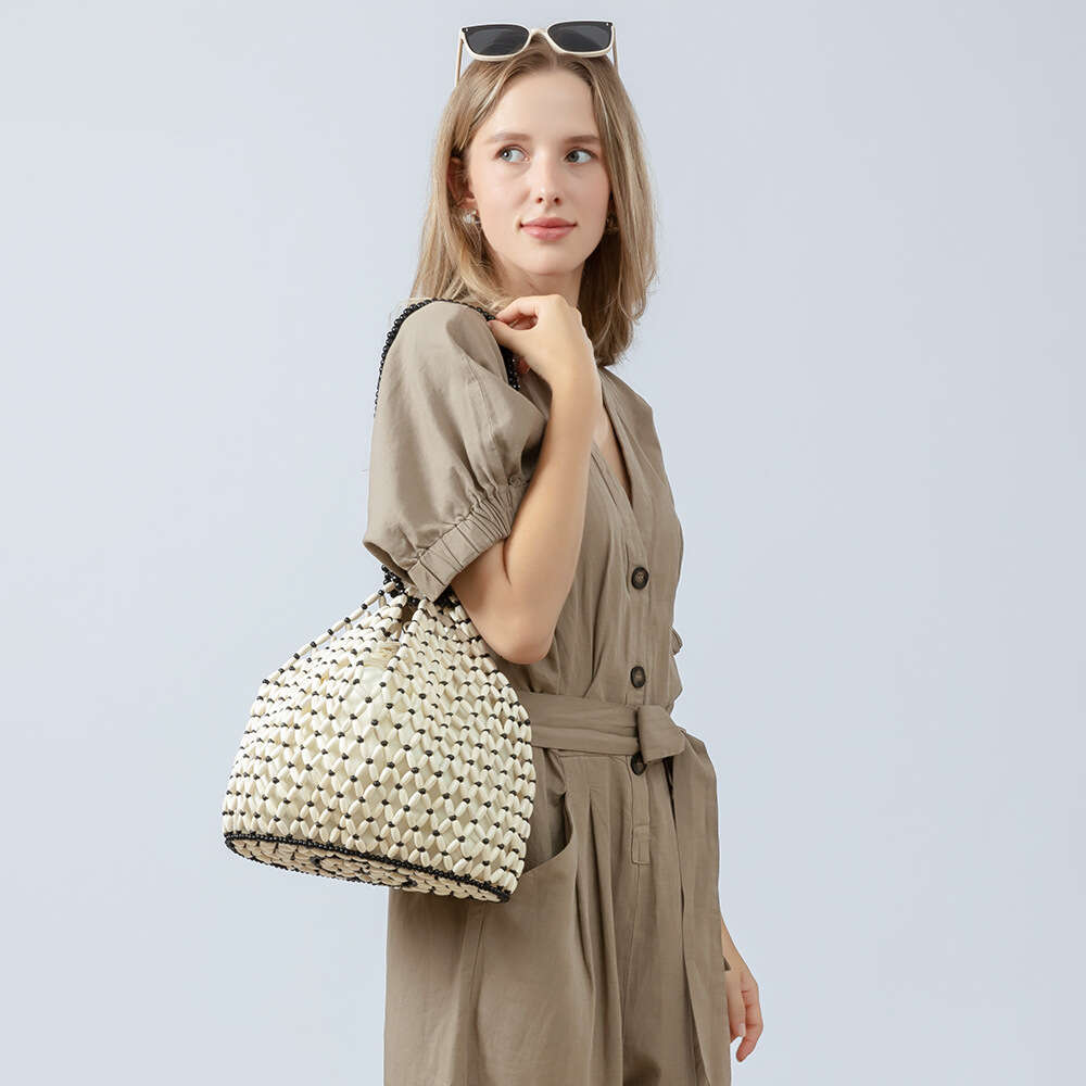 Ins Style Resort Beach Bag Holiday Hand Woven Women S Beach Wooden Bead Bag Leisure Travel Handbag Shoulder Bag KQ