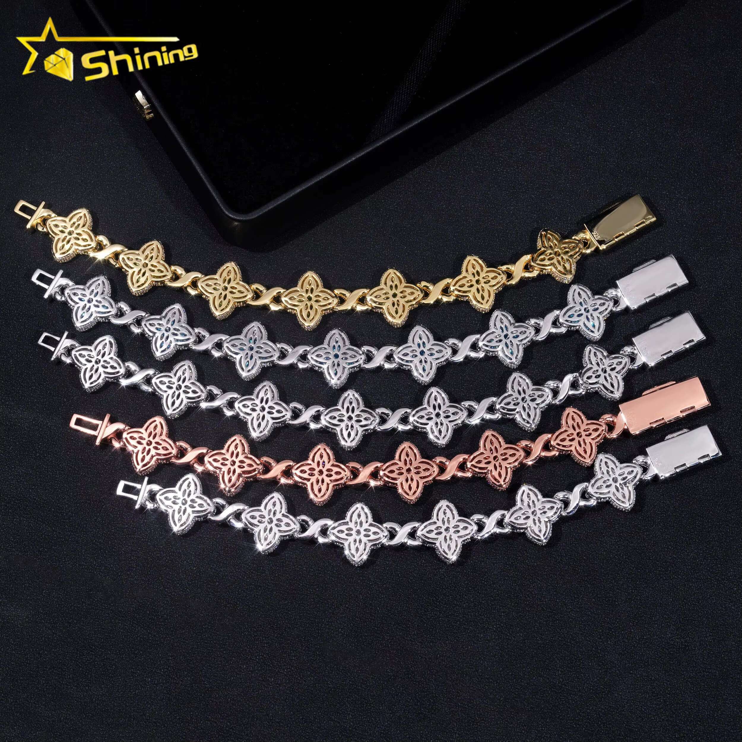 New Stocks Pass Diamond Tester Silver 925 Gold Plated Hip Hop Jewelry Custom Colored Moissanite Clover Cuban Bracelet