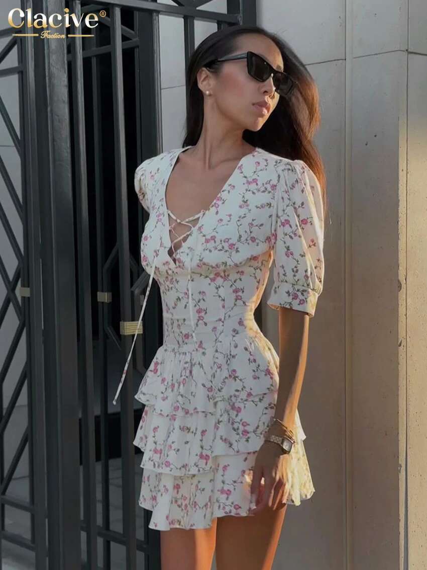 Clacive Summer Slim Print Women's Sexy V-Neck Short Sleeve Mini Dresses Elegant High Waist Pleated Female Dress