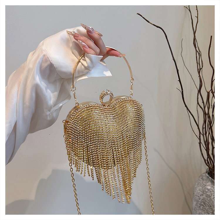 Diamond Studded Dinner Bag, Heart-Shaped Tassel Women's Party Handbag, Versatile Dress And Evening Outfit Bag
