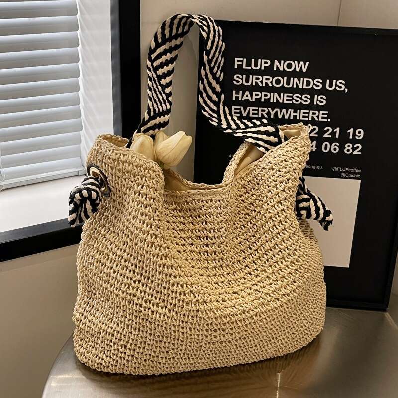 Ins Style Resort Beach Bag Large Capacity Grass For Women S Summer New Lazy Style Single Shoulder Commuting Tote Beach Vacation Woven Bag KQ