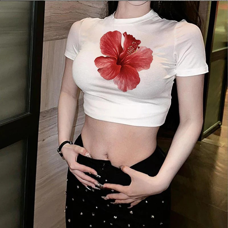 Floral print cute crop top retro womens Tshirt Gothic Grunge Emo girl slim baby Y2k clothing 250415Z