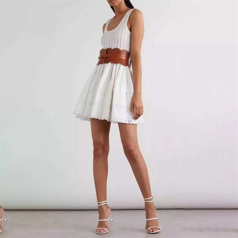 Summer 2025 Slim Fit Elastic Pleated High Quality Fashioncasual Folded Hollow Knitted U-Neck Strap Dress A-Line Mini Skirt