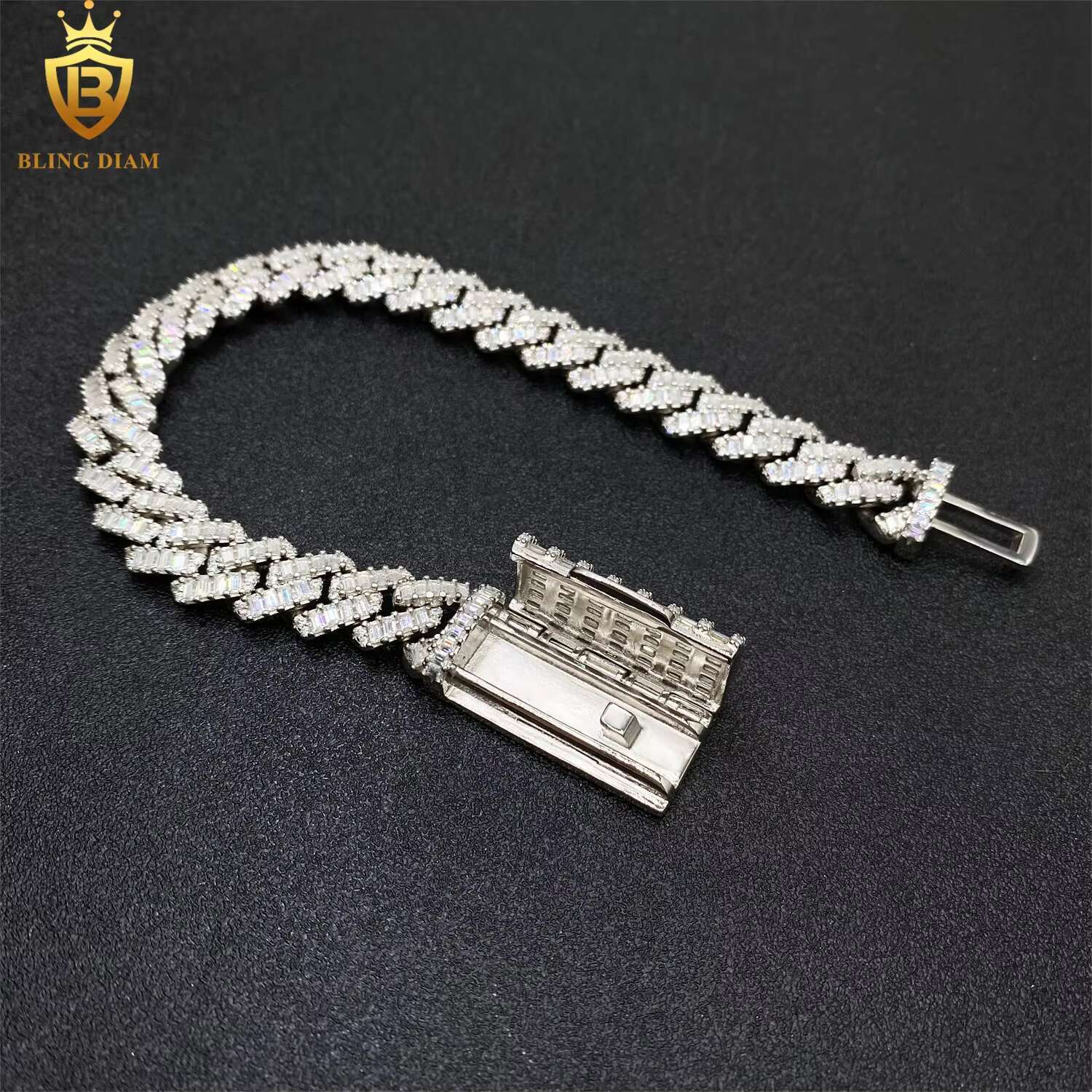 12mm Hip Hop Jewelry Sterling Sier Iced Out Moissanite Rectangular Bracelet Cuban Link Chain Pass Dia Tester